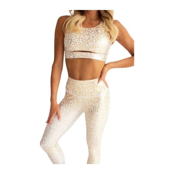 Beyond Athletica Pants - Beyond Athletica High Rise Cheetah Gold Foil Printes Leggings and Top Set XL